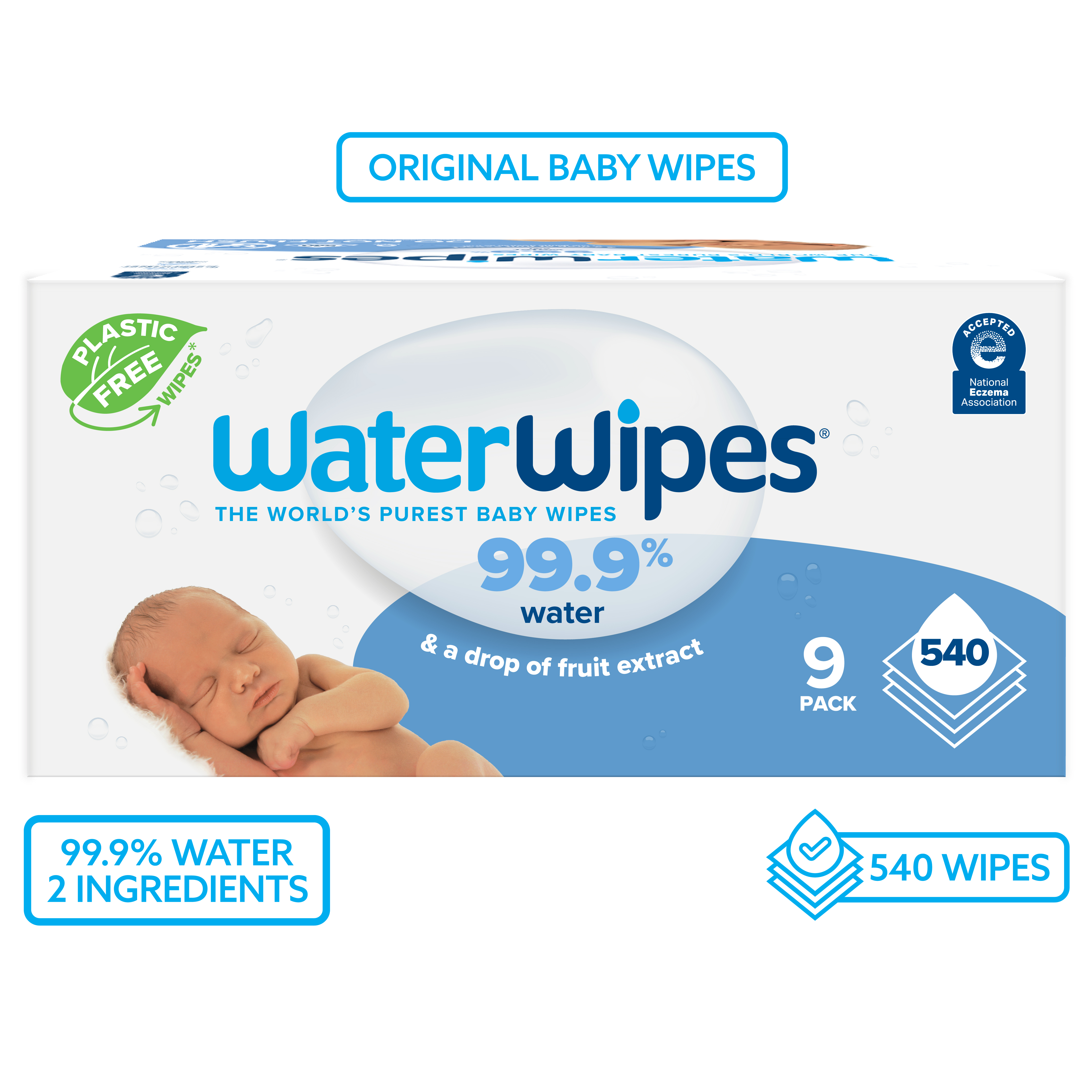WaterWipes Plastic-Free Original 99.9% Water Based Baby Wipes, Fragrance-Free for Sensitive Skin, 540 Count (9 Packs) - image 2 of 10