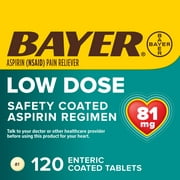 Aspirin Regimen Bayer Low Dose Pain Reliever Enteric Coated Tablets, 81mg, 120 Count
