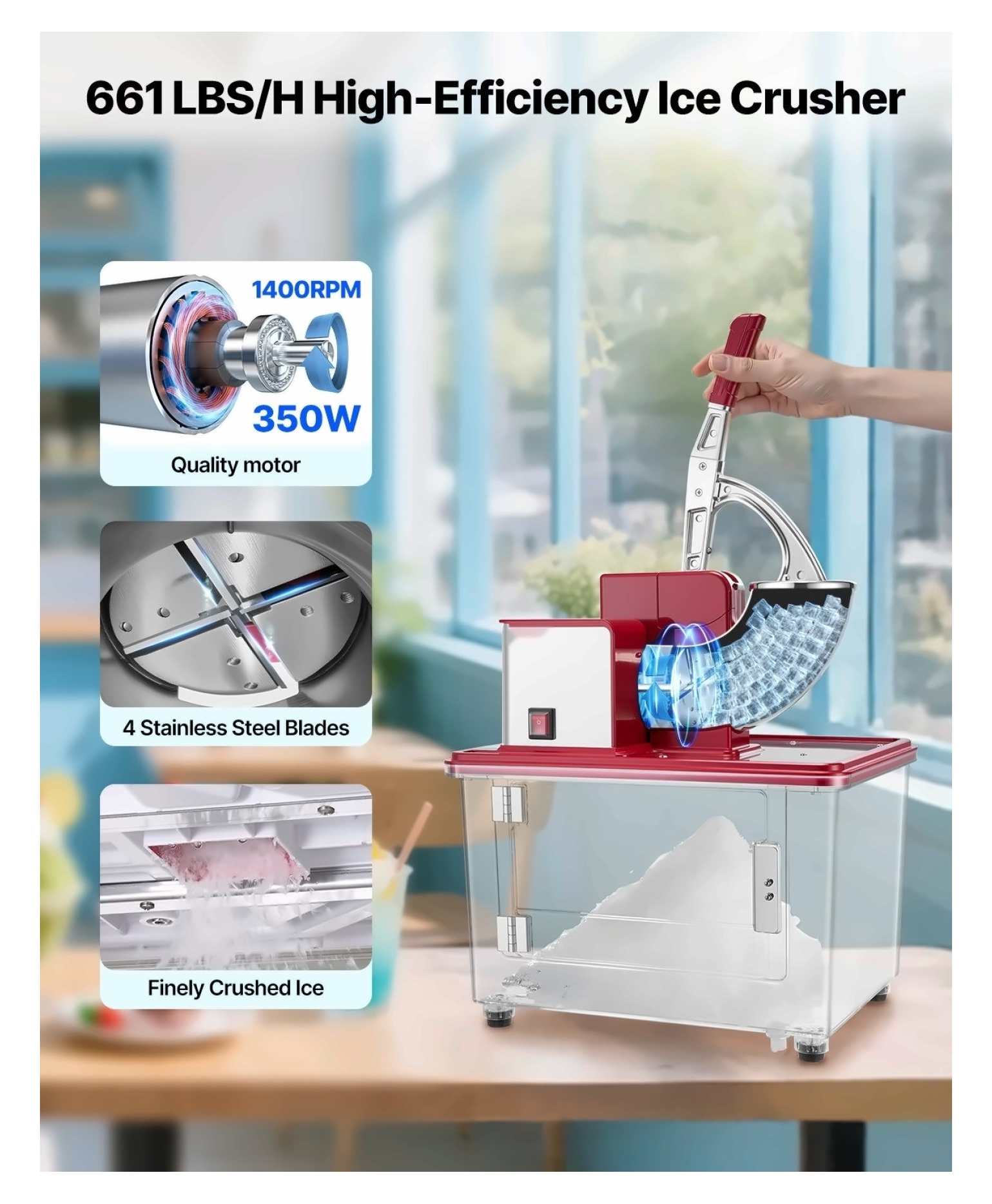 Commercial Ice Crusher 661LBS/H Electric Snow Cone Maker - Heavy Duty Shaved Ice Machine - 50L Capacity - Red