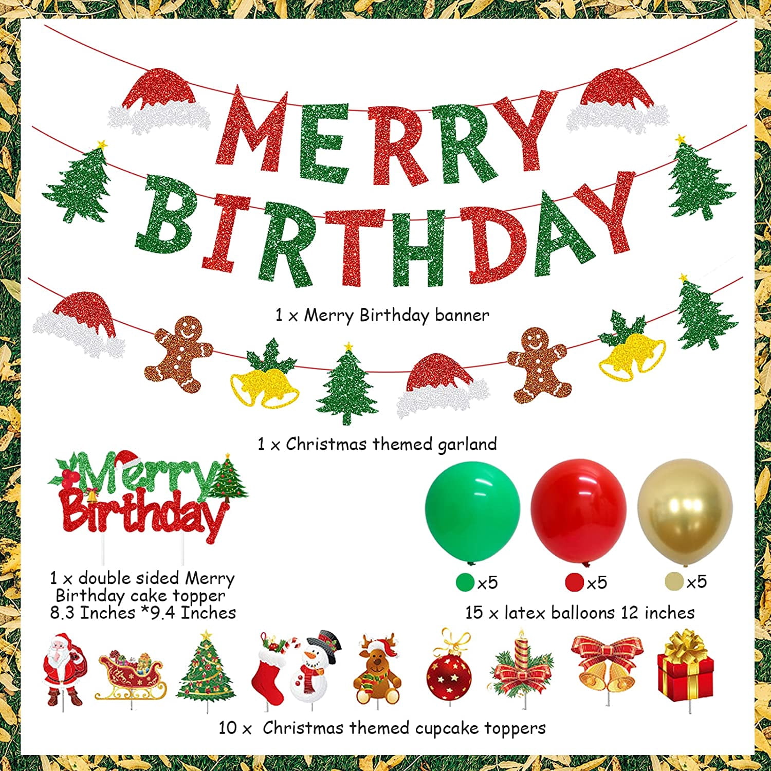 Christmas Birthday Party Supplies Christmas Balloons Red Green Merry Birthday Banner Christmas Theme Garland Cake Toppers for Xmas Eve Decor Winter Party Merry Birthday Decorations