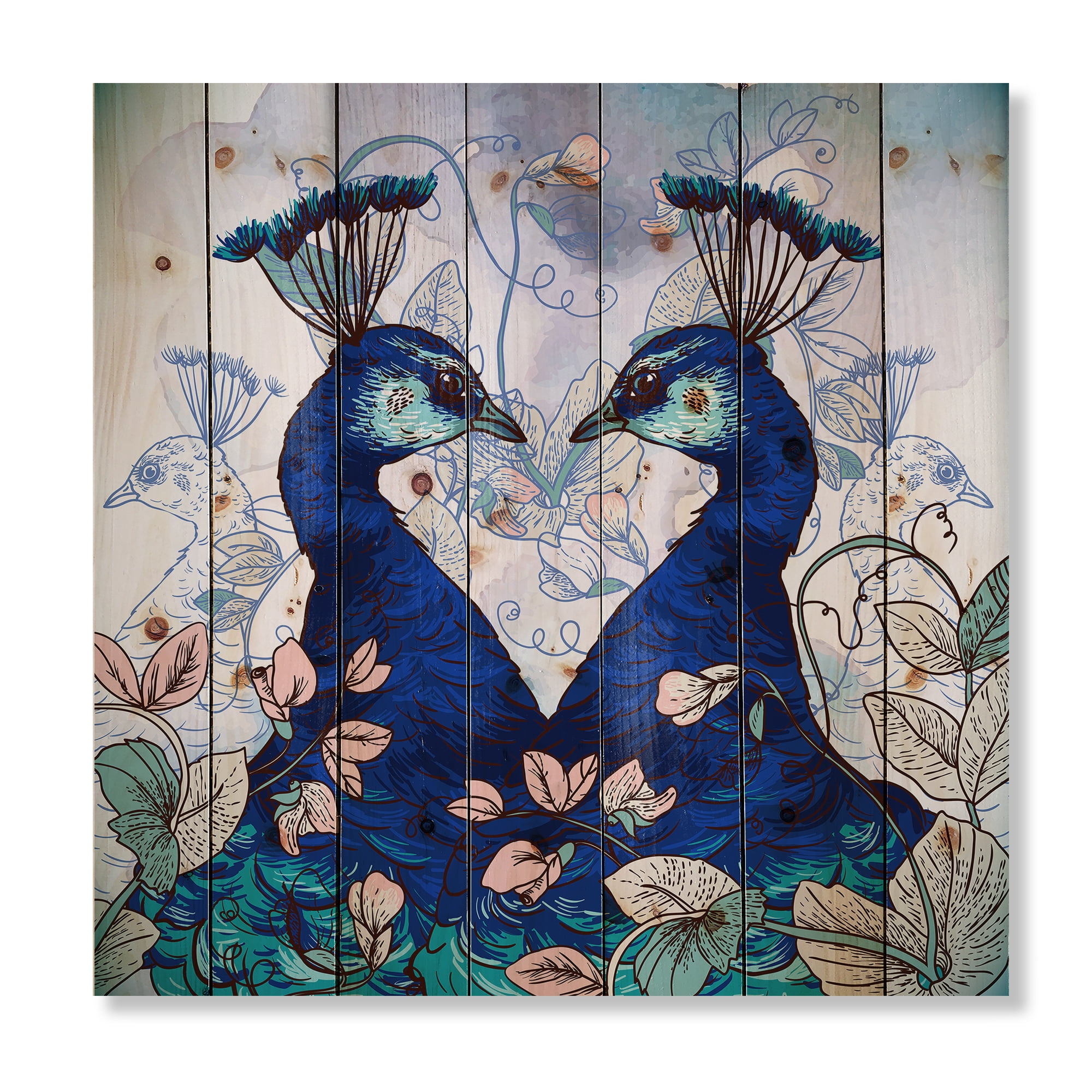 Designart 'Wildflowers With Two Blue Peacocks' Traditional Print on Natural Pine Wood