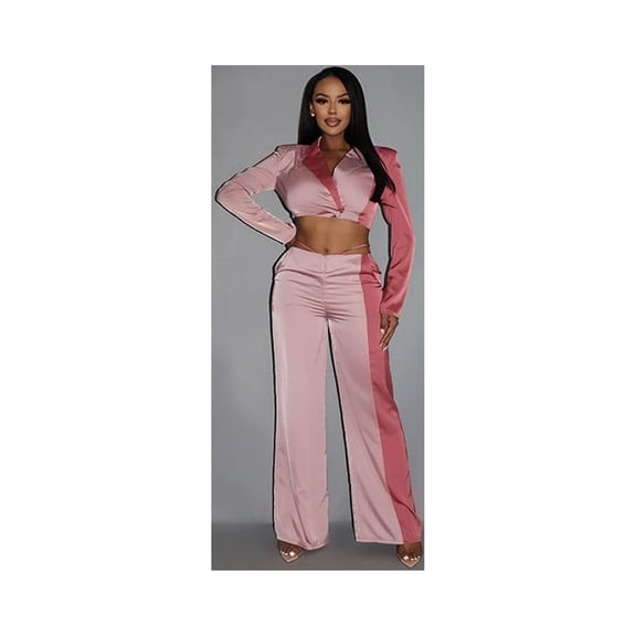 Colorblock Crop Blazer With Matching Low Rise Wide Leg Pant Set With Pockets Blush S