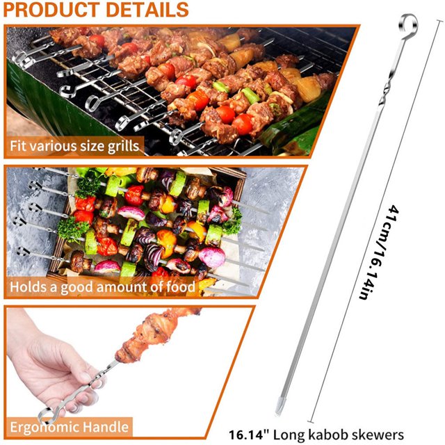 Baohd 10pcs Réutilisables Plat en Acier Inoxydable Brochettes en Acier Inoxydable Bâtons Viande de Kebab