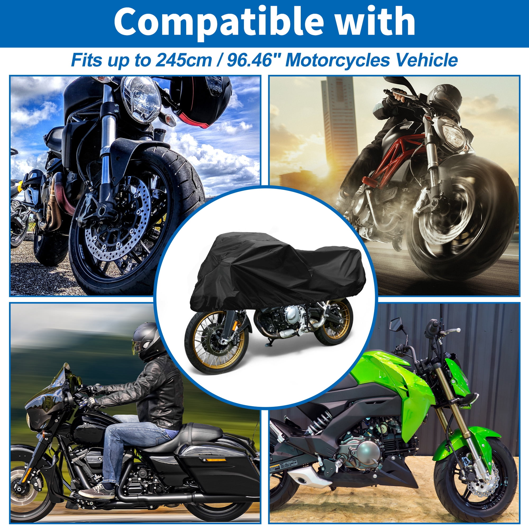Motorcycle Cover Outdoor Waterproof Motorbike Cover Half Cover 420D-PU Black Protection Sun Rain Cover Fits 96.46"x41.34"x25.59"