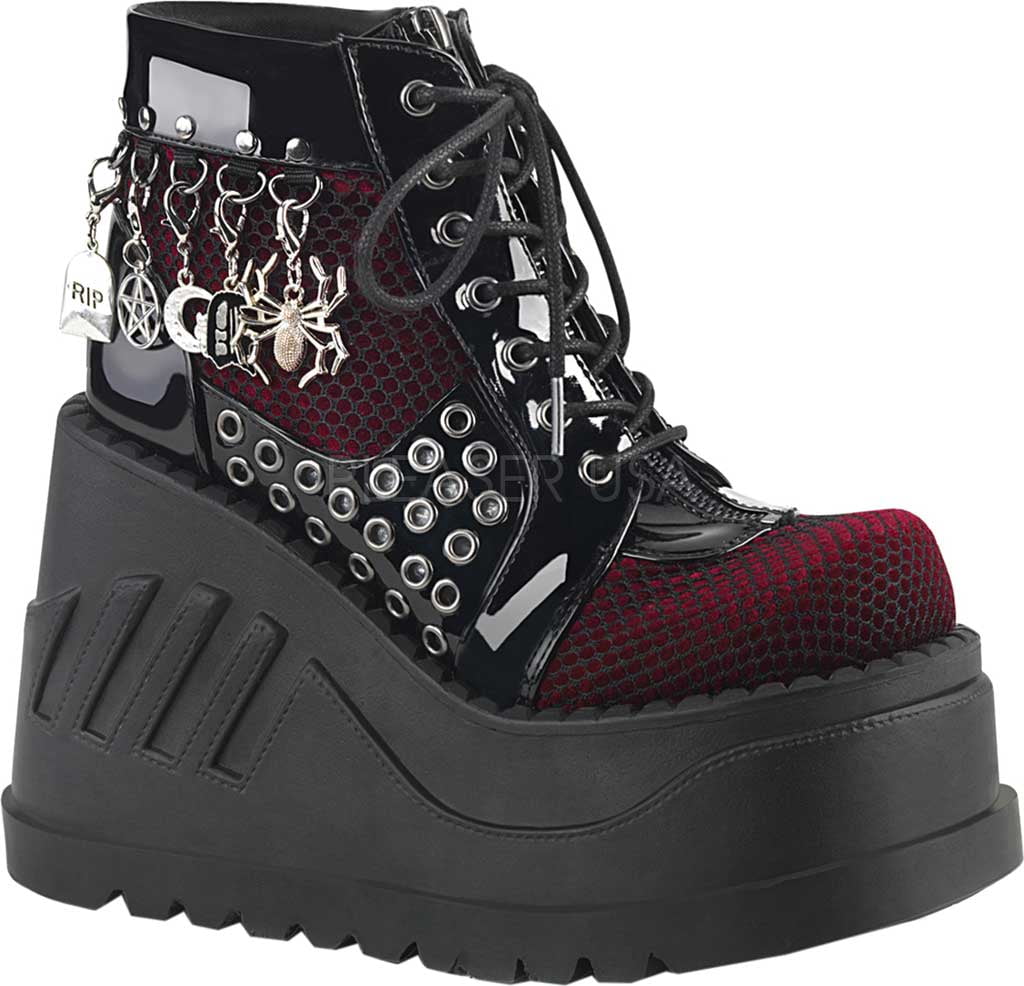 Demonia - STOMP-18 8 / Black Patent-Burgundy Velvet