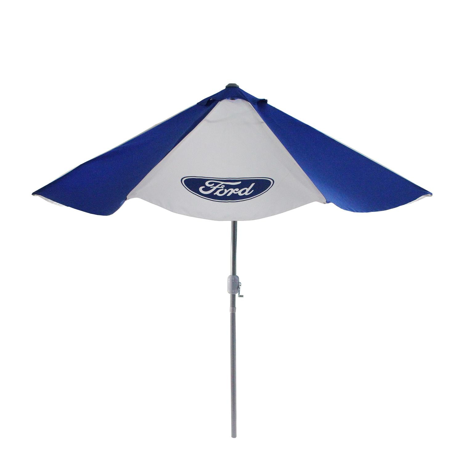 9' Blue and White Ford Outdoor Umbrella with Hand Crank and Tilt
