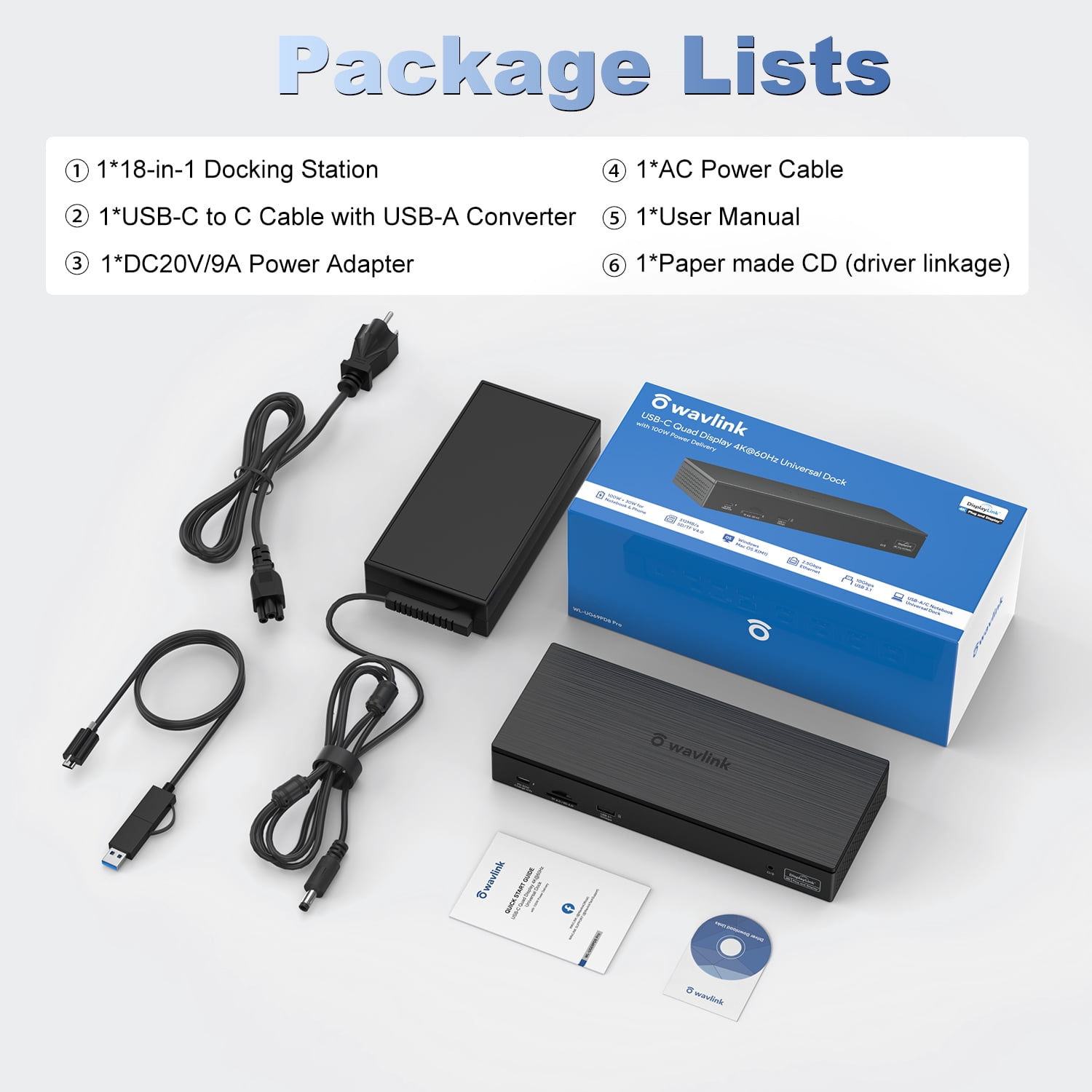 Wavlink 5K@60Hz Quad Display USB-C Docking Station, Compatible with MacBook Neo 18-in-1 Laptop Dock 100W charging for MacBook & Windows with 4 DP, 4 HDMI, 2.5G Ethernet, SD/TF, USB-C (PD30W, No Data)