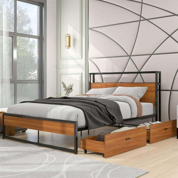 INCLAKE Metal and Wood Bed Frame Full Size Metal Platform Bed Frame