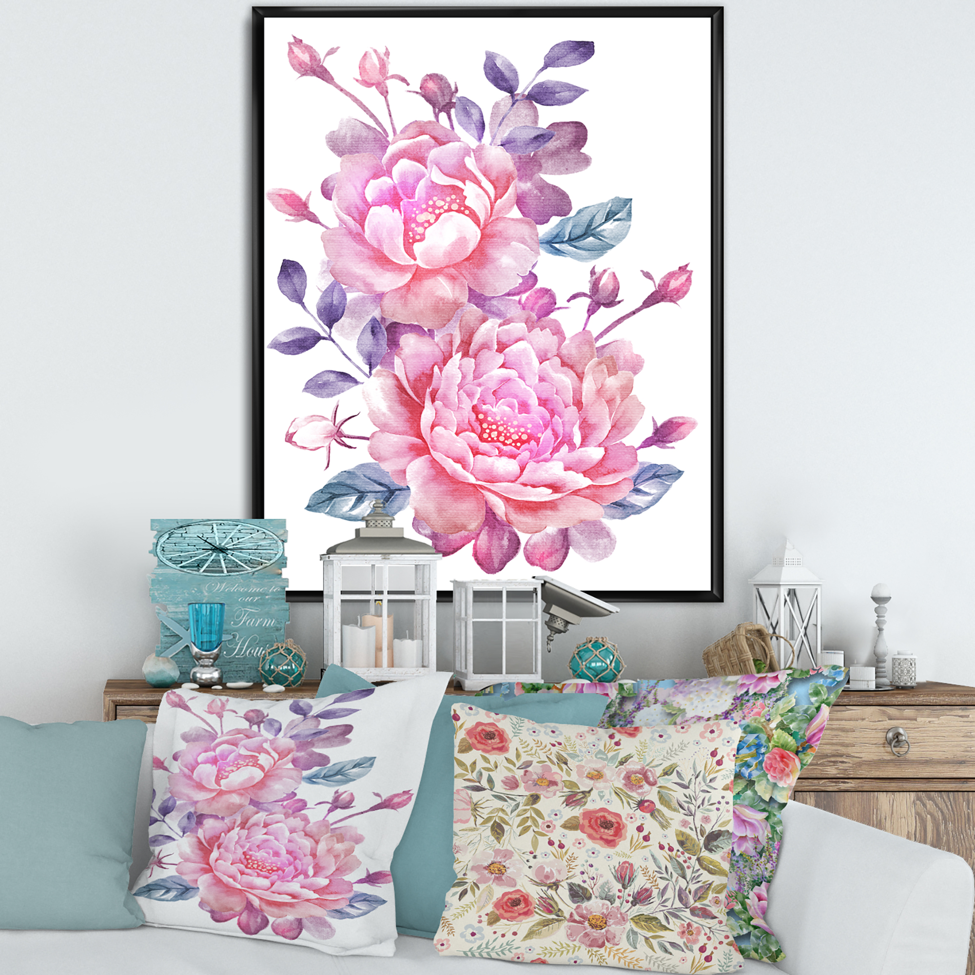 Designart 'Pink Retro Flowers With Blue Leaves On White' Traditional Framed Canvas Wall Art Print