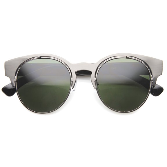 sunglassLA Female Modern Metal Horn Rimmed Wide Temple Half Frame Round Sunglasses 48mm (Gunmetal-Black / Green) - 48mm