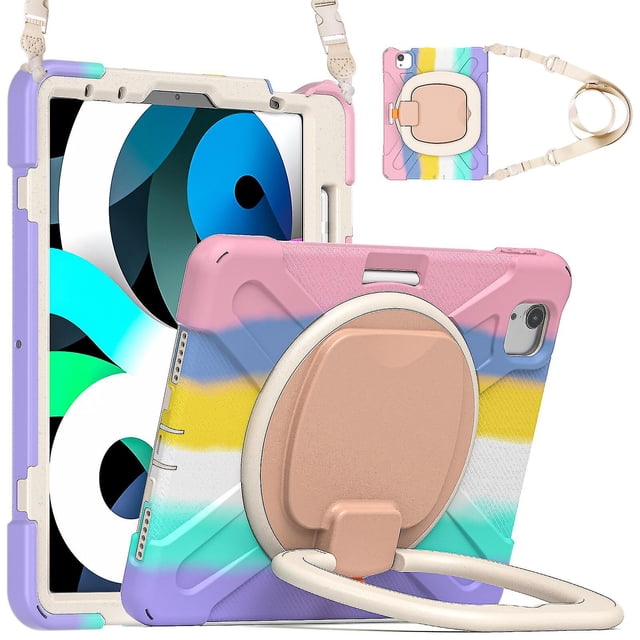 Funda a juego para iPad Air4 de 10,9 pulgadas con correa para el hombro, soporte de anilla ajustable grande, portalápices y protección contra golpes.