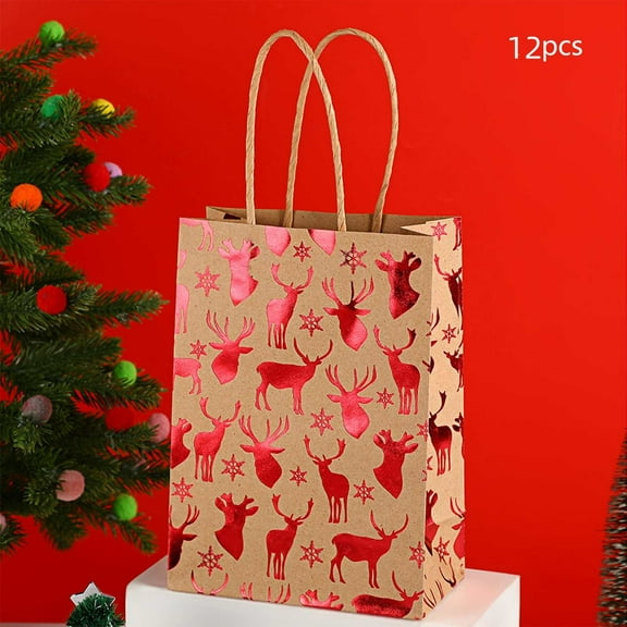 12 Pcs Christmas Kraft Paper Bag Bronzing Gift Bags Red Foil Gift Treat Goodie Bag with Handle for Holiday New Year Party Packaging Decor