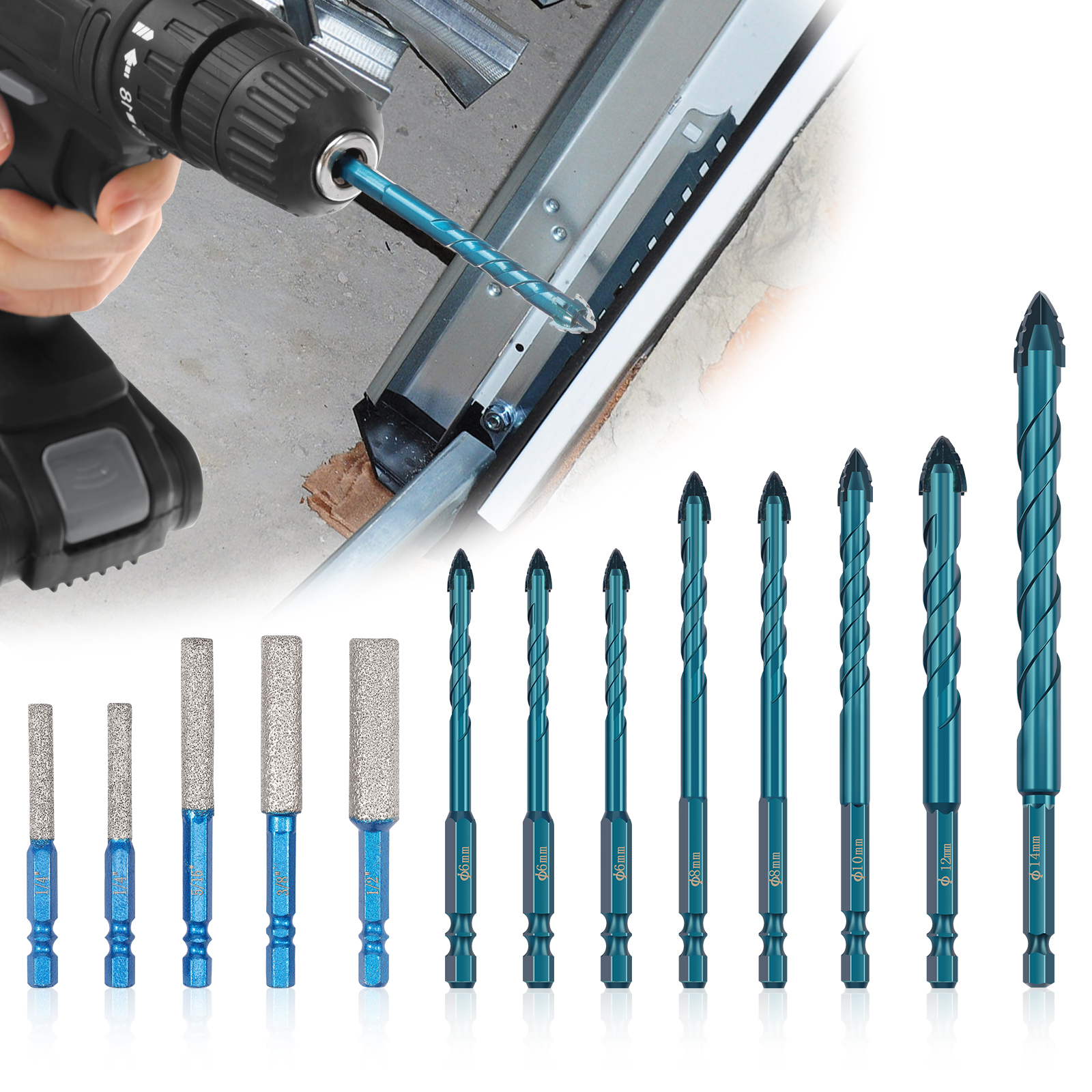 13PCS Diamond Drill Bit Set 5 Size Serrated Masonry Drill Bit and 4 Size Diamond Drill Bit Set with 1/4" Hex Shank for Glass Ceramic Porcelain Marble Granite