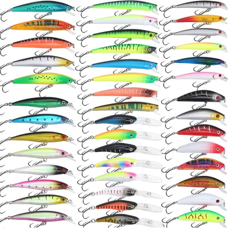 Hard Jerkbait Kit Fishing Lures Set Including Minnow Popper Crank Baits with Hooks for Saltwater Freshwater Trout Bass Salmon Fishing Shallow Deep Diving Flat Side Crankbaits