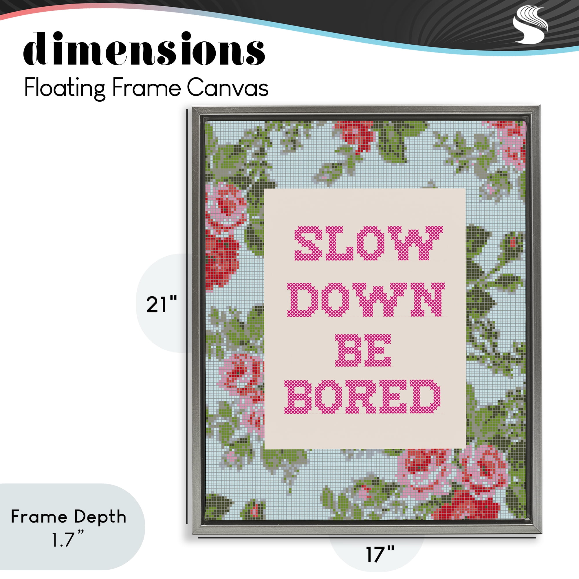 Stupell Industries Slow Down Be Bored Faux Cross Stitch Gray Framed Floater Canvas Wall Art, design by Lil' Rue