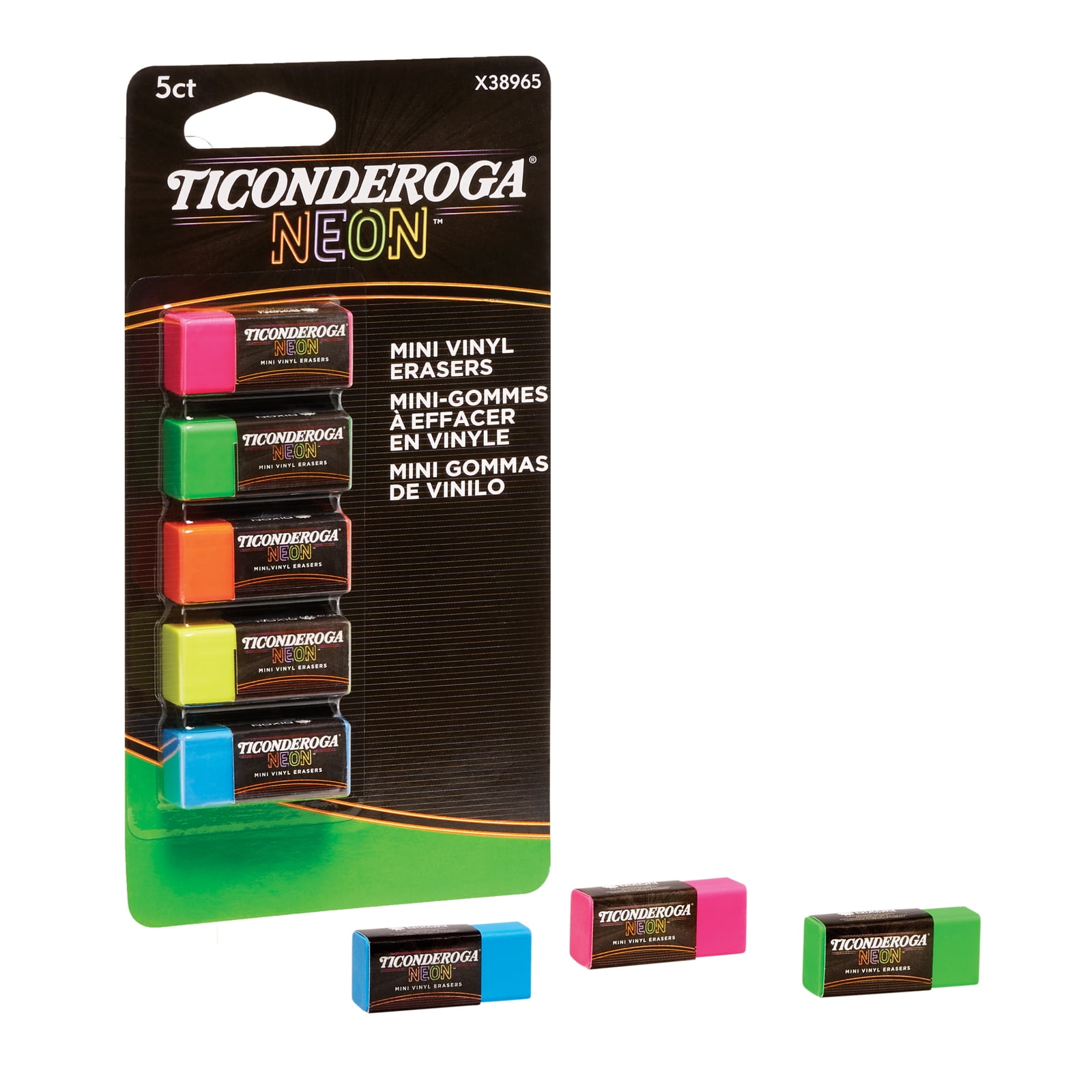 Ticonderoga Mini Vinyl Erasers, Neon Assorted, 5 Per Pack, 12 Packs