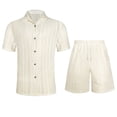 thumbnail image 4 of Riecok Men Outfits Sets 2 Piece Beach Sets Crochet Collared Button Shirts and Drawstring Shorts Vacation Lounge Sets Beige 2XL, 4 of 8