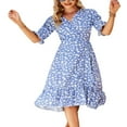 thumbnail image 3 of Femmes Midi Robe à Manches Courtes V-Cou Imprimé de Fleurs Élégant Été Casual Partie Robe, 3 of 5