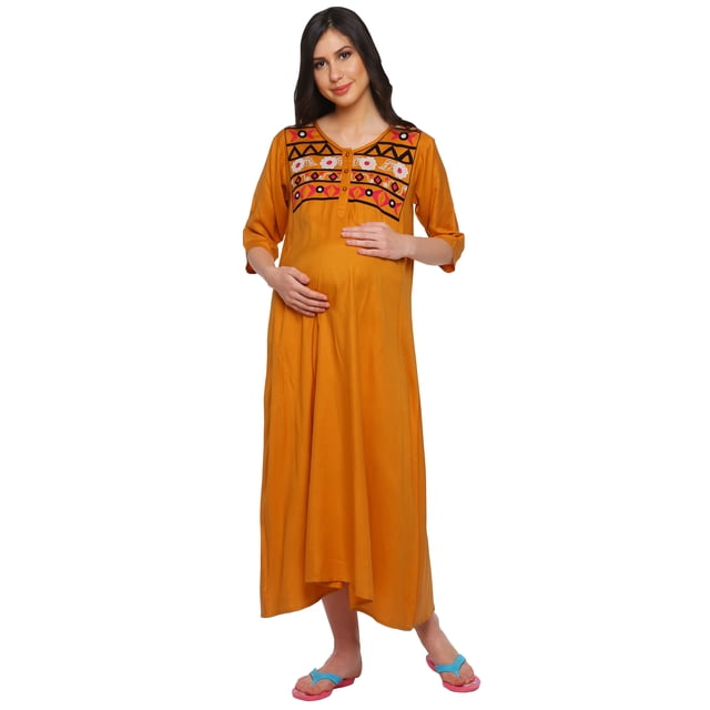 Moomaya Robe Maxi de Maternité Brodée pour Femmes avec Patte de Boutonnage Vêtements