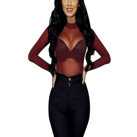 Dolman Crop - Women Sheer Mesh Net Tee T-Shirt Long Sleeve Sexy Crop Top Slim Blouse