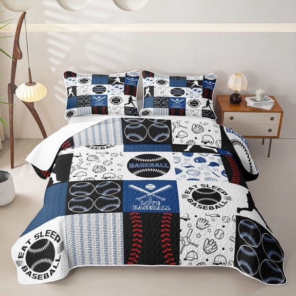 Erosebridal Eat Baseball Sleep Twin Quilt Set, Blue Patchwork Twin Coverlet Set for Men and Women, 2 Pieces