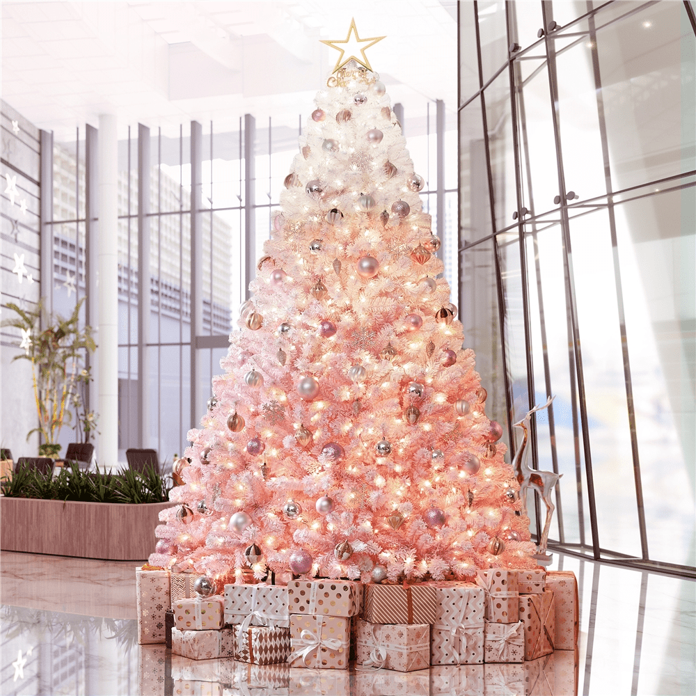 Alden Design 9Ft Pre-lit Flocked Artificial Christmas Tree with Incandescent Warm White Lights, Pink Gradient