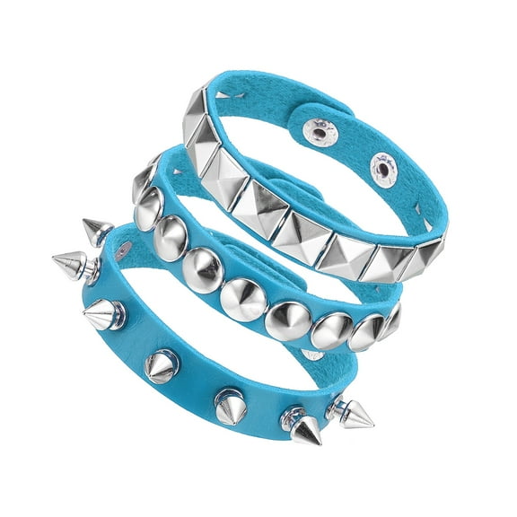 Uxcell 3Pcs Rock Punk Spiked Leather Bracelet Set, 8.7"/22cm Goth Studded Cuff Wristband Adjustable Bracelets for Halloween Party Favors Grunge Accessories, Light Blue