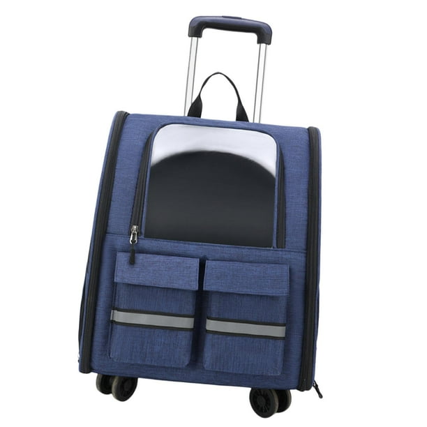 Mochila con ruedas para gatos, transportadora para mascotas con ruedas y asa azul