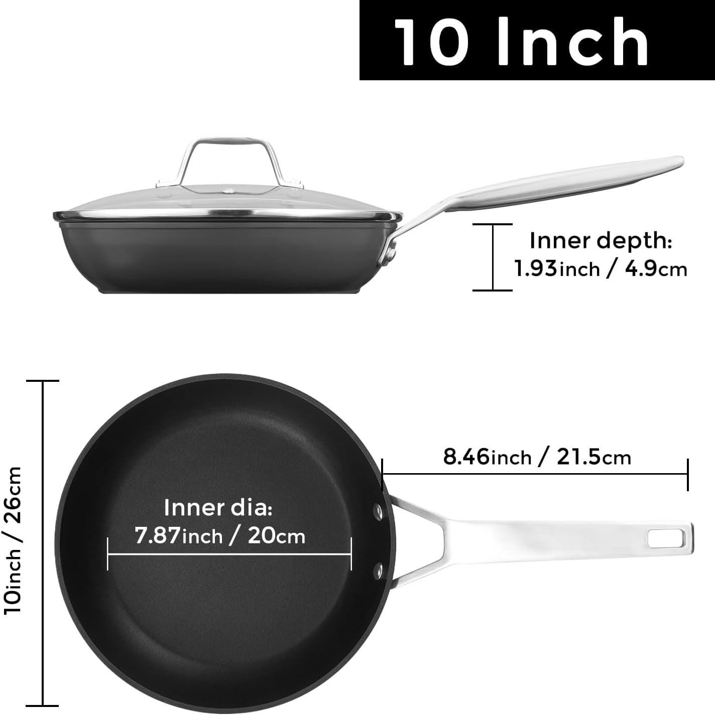 10 Inch Frying Pan Nonstick with Lid, Induction Fry Pan with Lid, Titanium and Diamond Non Stick Coating From USA, for Induction, Ceramic and Gas Cooktops, Oven Safe 10 Inch Skillet Nonstick