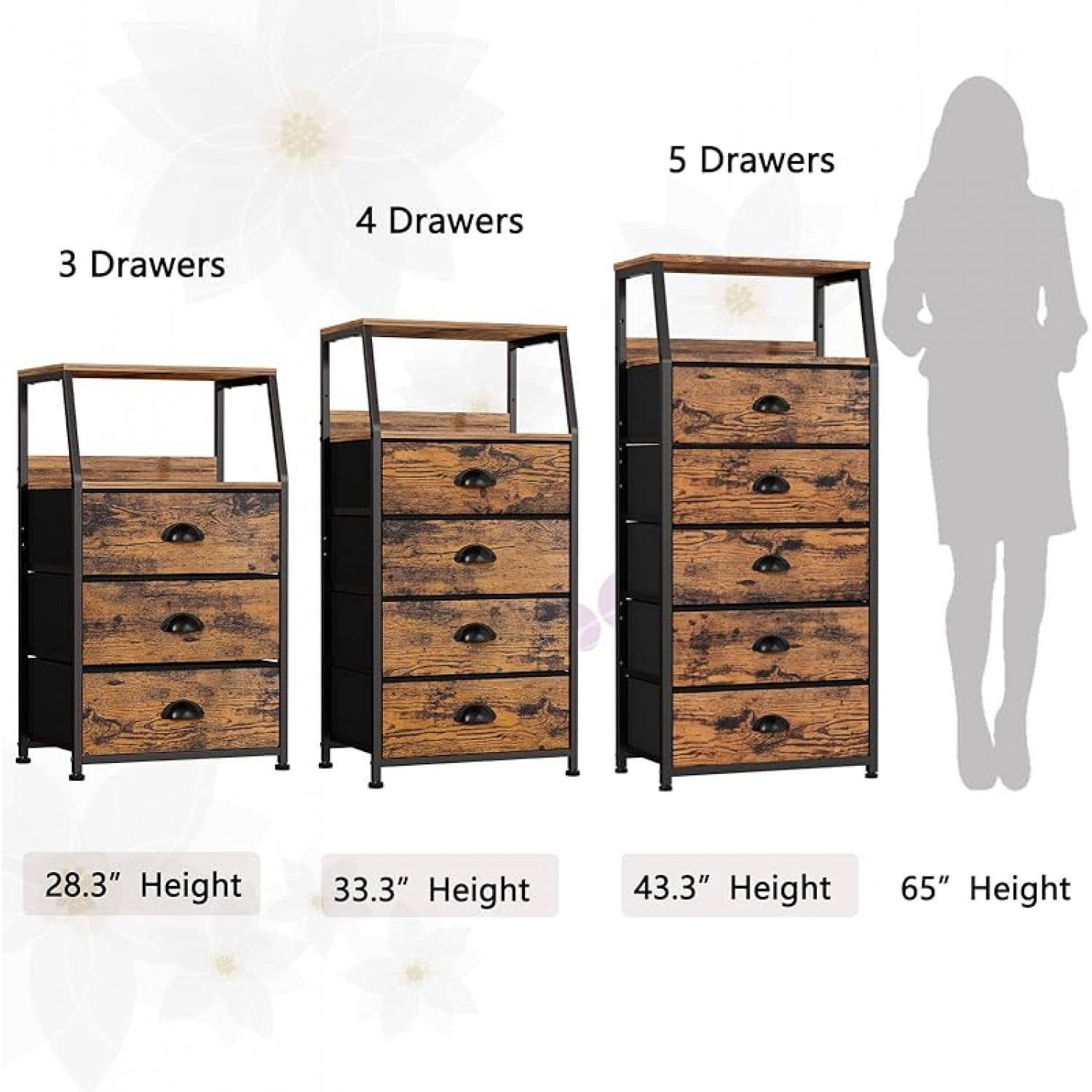 Tall 5Drawers Dresser, Vertical Storage Tower for Bedroom, Hallway, Entryway, Nursery, Closet Organizer, Nightstand Bedside Table Furniture, Sturdy Steel Frame, Wood Top