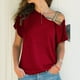 thumbnail image 3 of Camiseta informal holgada para mujer, mangas cortas, XXL, elegante top de verano de color rojo vino con hombros descubiertos, 3 of 6