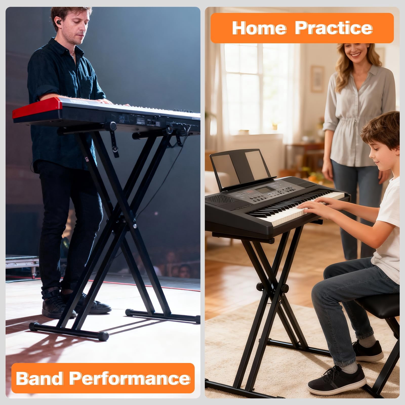 Keyboard Stands And Bench Set 7 Adjustable Heights Double-x Stand Portable Piano With Locking Straps Fits For 54-88 Key Digital Pianos(9.84-29.92inch)