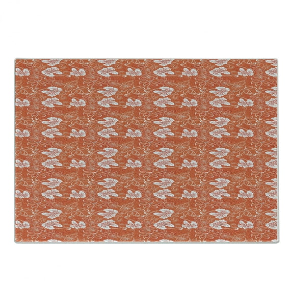 Burnt Orange Cutting Board, Hawaiian Hibiscus Pattern with Swirls and Curves on Background, Decorative Tempered Glass Cutting and Serving Board, Small Size, Burnt Orange and White, by Ambesonne