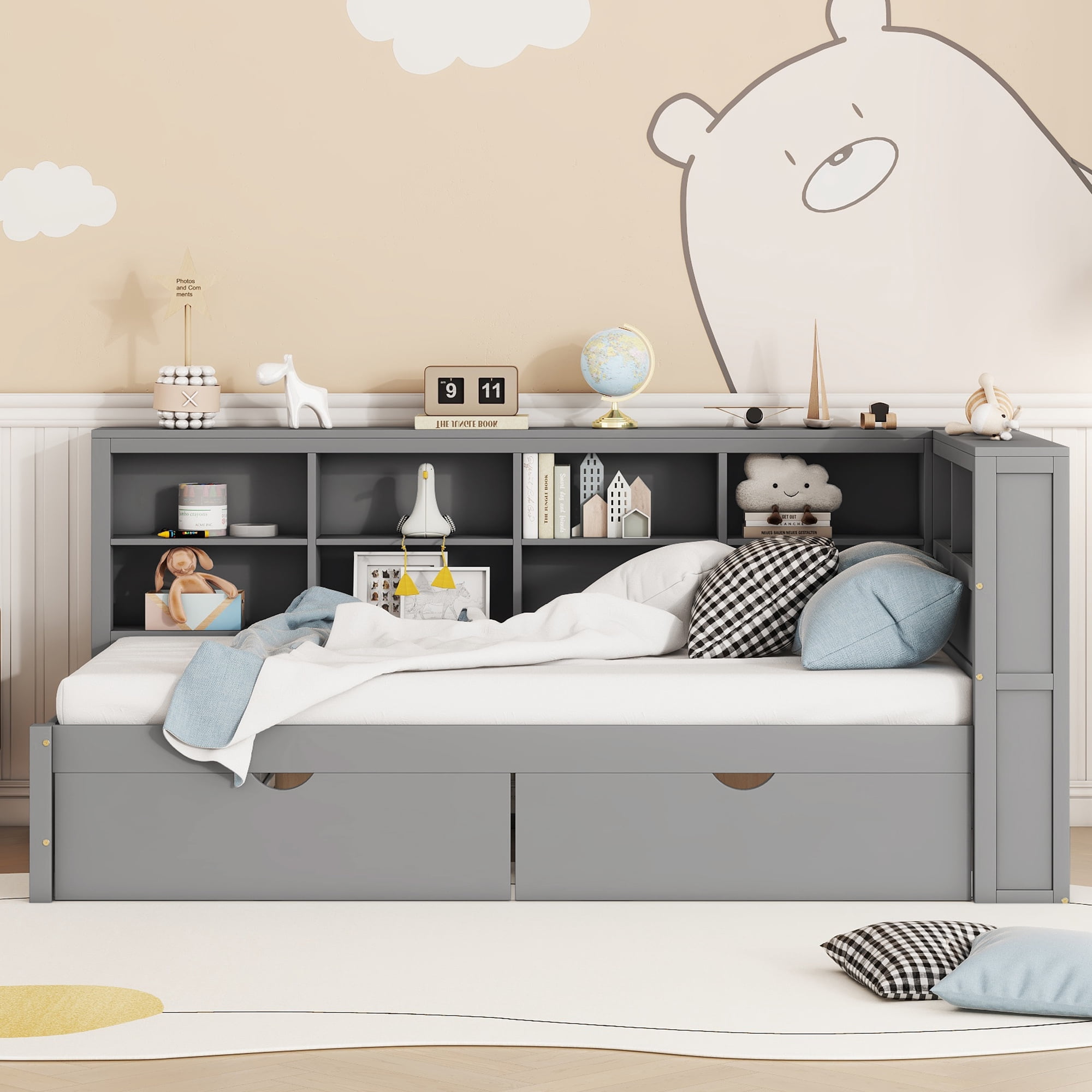 Mintazer Twin Daybed with Storage Headboard & Charging Station, 2 Drawers & Shelves for Kids Bedroom, Grey