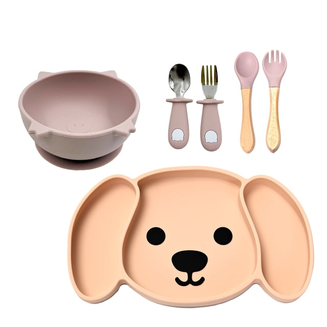 Plato Para Bebé Con 3 Divisiones, Forma De Perro Y Cubiertos