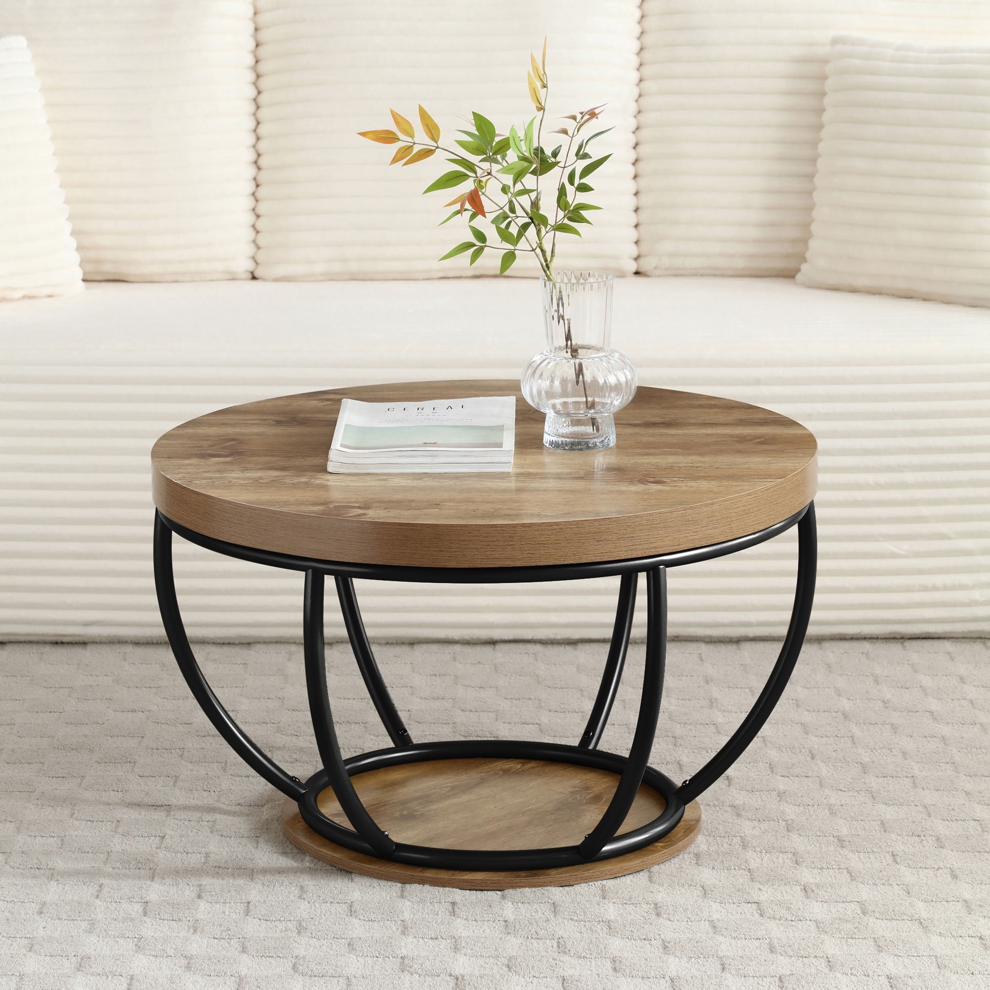 MAYEERTY 31 Inch Round Coffee Table, 2-Tier Cocktail Table with Metal Frame, Dual Storage Shelves for Living Room Apartment Home Office