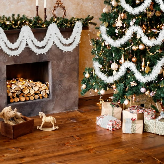 White Glitter Christmas Garland | Metallic Rattan Twists Holiday Decor | 78.7 Inch Tree & Staircase Hanging Wreath for Indoor Outdoor Party Decoration