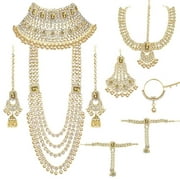 Indian Traditional Gold Plated Kundan Dulhan Bridal Jewellery Set with Choker Earrings Maang Tikka Hathphool for Women