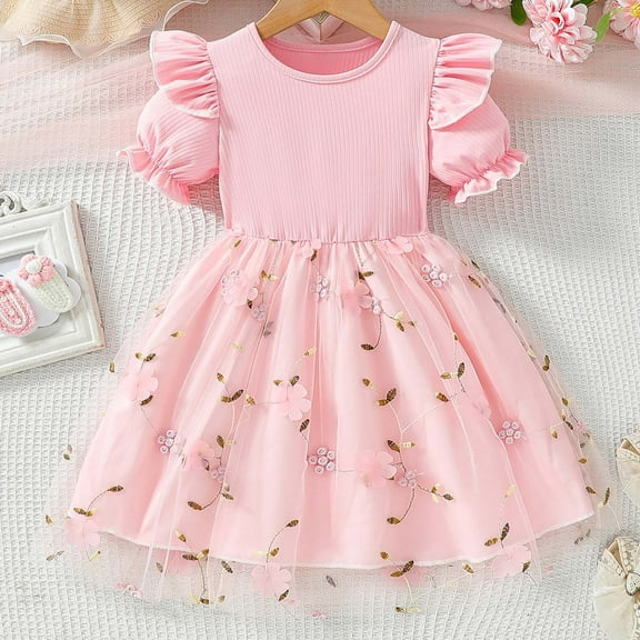 Dress for Girls Kids Toddler Girls Summer Mesh Floral Dress Puff Sleeve Flower Embroidered Princess Dress Dresses for Girls Pink 1 Years-2 Years