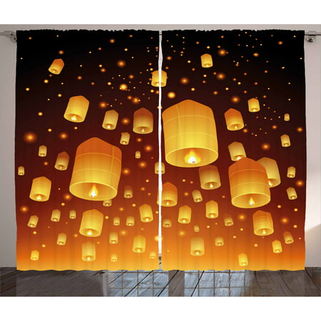 Lantern Curtains 2 Panels Set, Loy Krathong and Yi Peng Festival Thailand Culture Traditional Old Celebrations, Window Drapes for Living Room Bedroom, 108W X 90L Inches, Black Orange, by