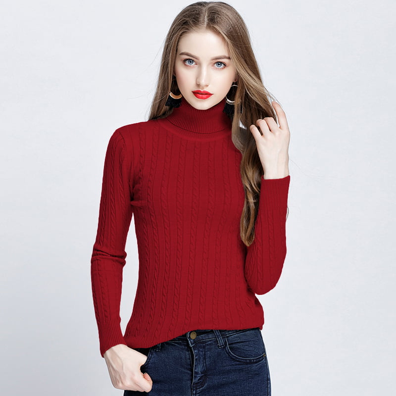 Turtleneck Women Sweater High Elasticity Knitted Ribbed Jumper Red,One ...