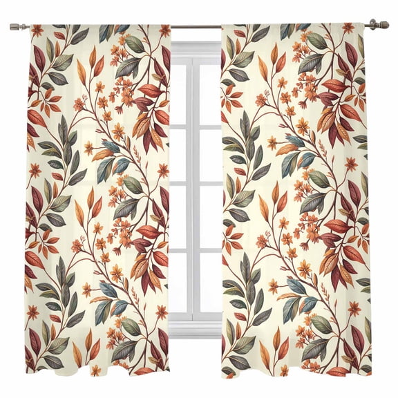 Fall Sheer Curtains 63 inches Long, Plant Country Watercolor Orange Leave Light Filtering Sheer Window Curtains Rod Pocket Voile Drapes for Bedroom Living Room, 52"W x 63"L 2 Panels