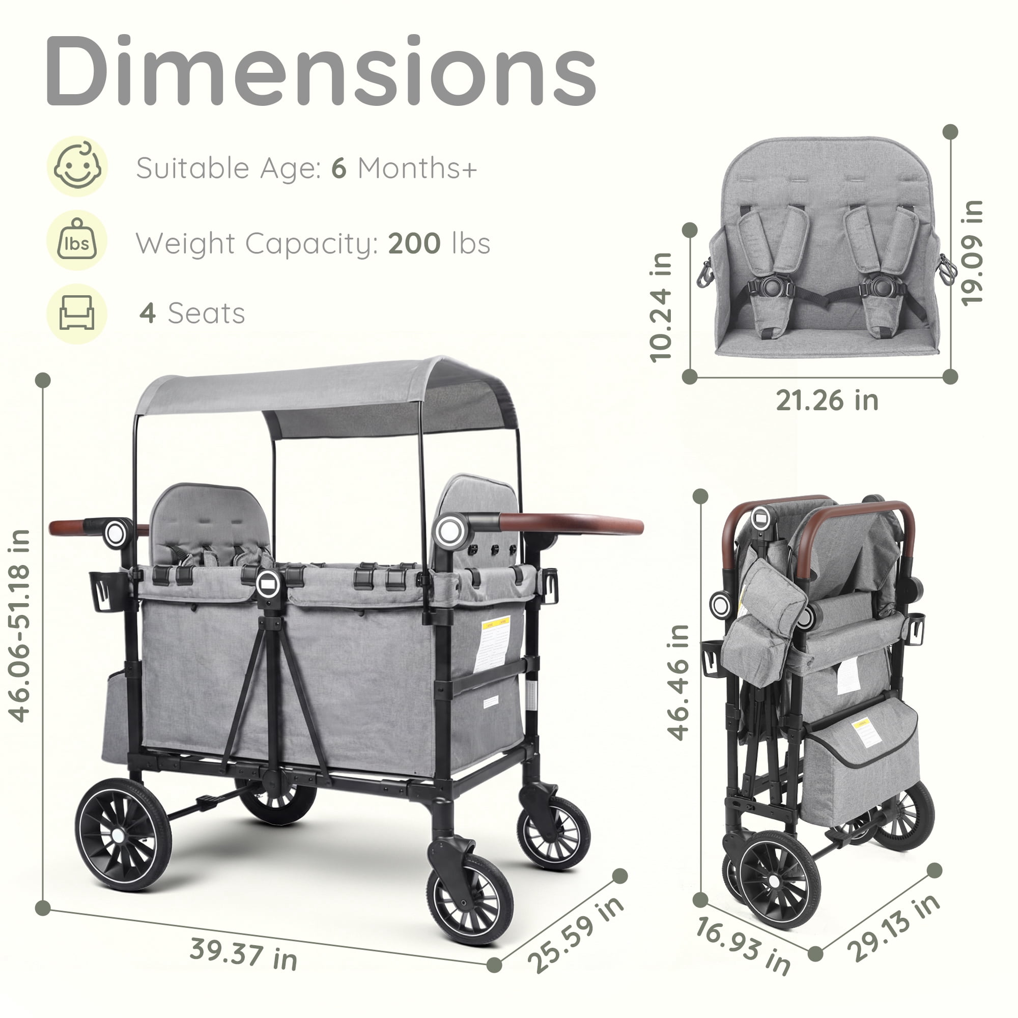 LINLUX Wagon Stroller for 4 Kids, Stroller Wagon 4 Seats w/Adjustable Handle, Detachable Tray, Gray