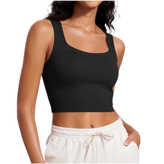 GUACER Crop Tank Tops for Women Ribbed Built-in Padded Bra, Square Neck Sleeveless Fitted Casual Camisole for Summer