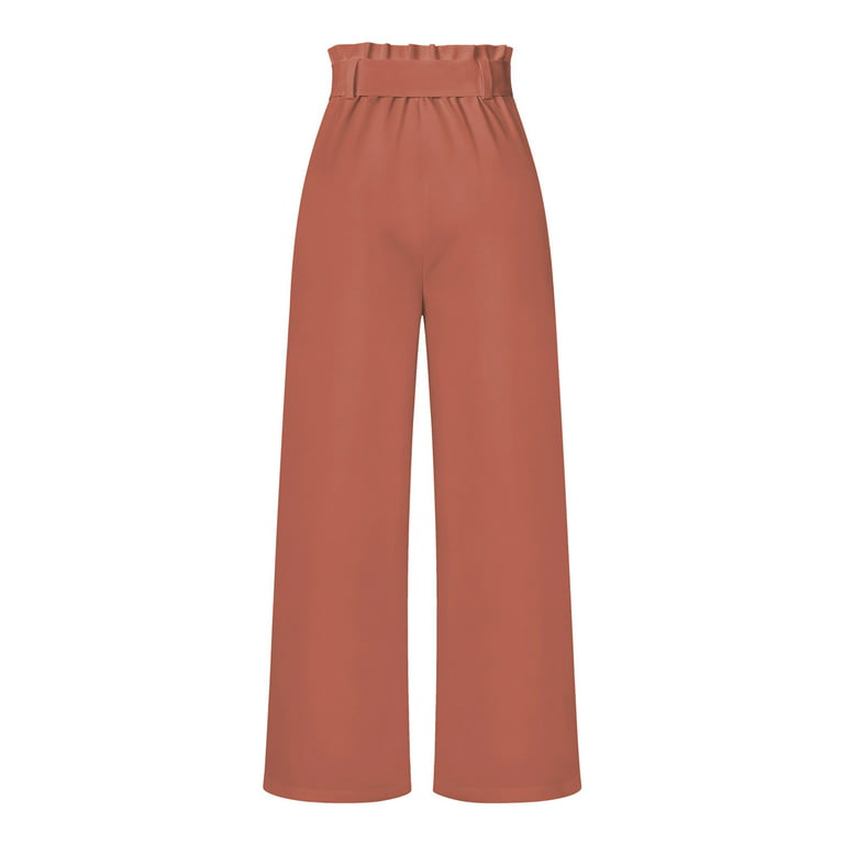 RYRJJ Straight Wide Leg Long Trousers with Tie Belt for Women Pleated Front  High Waisted Business Work Pants Elegant Dress Trousers(Orange,M)