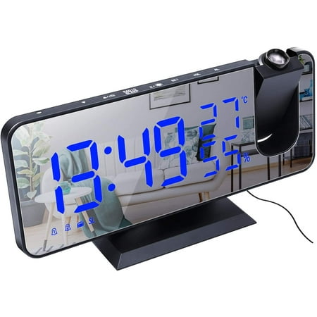 Projection Alarm Clock Radio Digital Alarm Clock 4 Dimmer & 180° Rotable & 2 Sounds 7.4'' Large Mirror Display Black-Blue