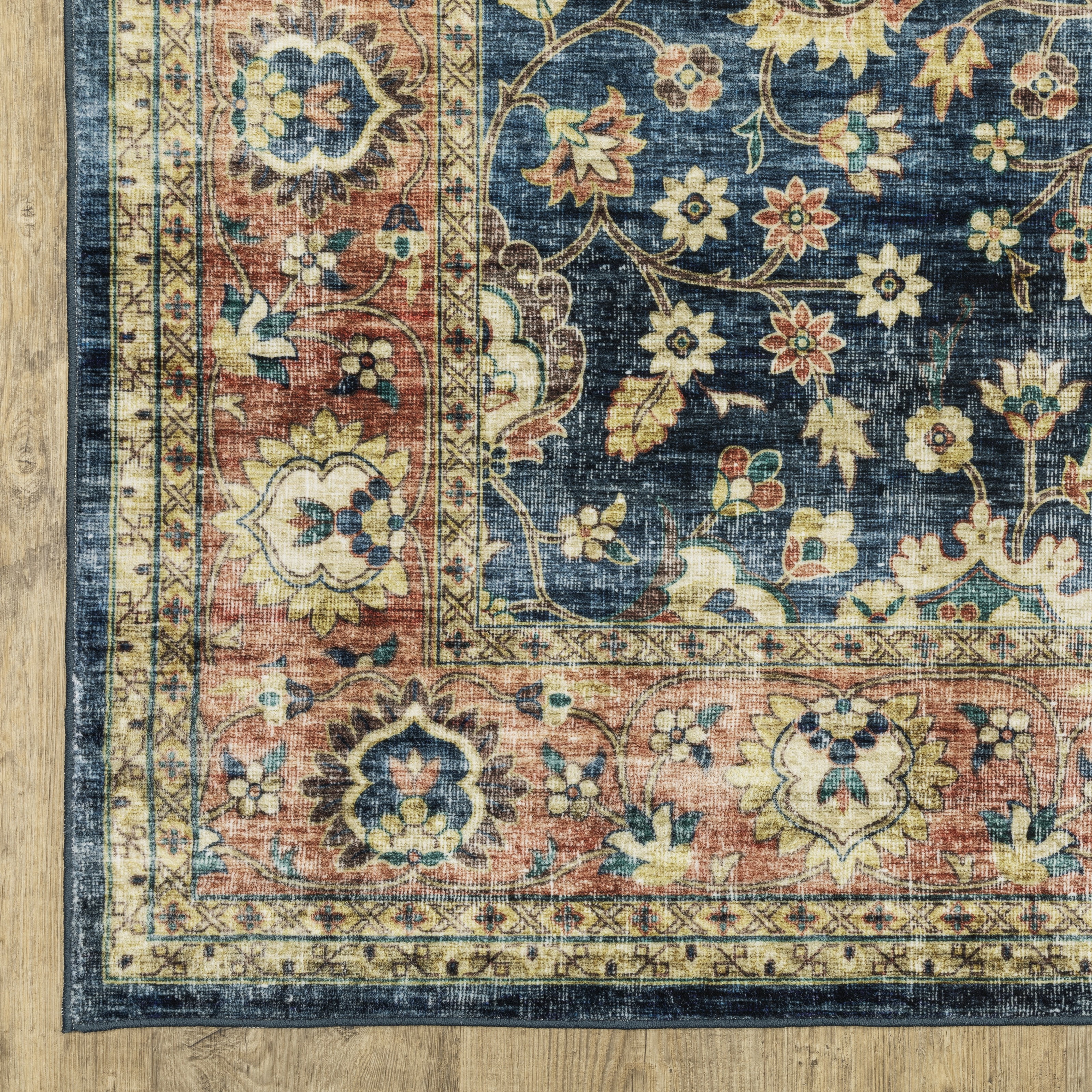 Avalon Home Sebastian Vintage Bordered Blue/ Rust Washable Indoor Area Rug