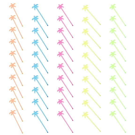 Masteelf Plastic Swizzle Sticks for Stirring with Coconut Tree Design Assorted Color Long Handle 50Pcs