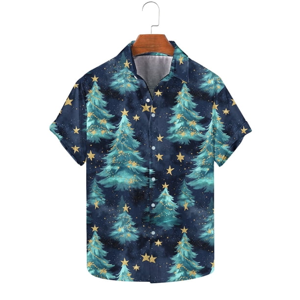 Blusa y camisa de manga corta con cuello vuelto Camisa de manga corta con estampado navideño para hombre Camisa informal de manga corta con solapa para hombre Tops para hombre