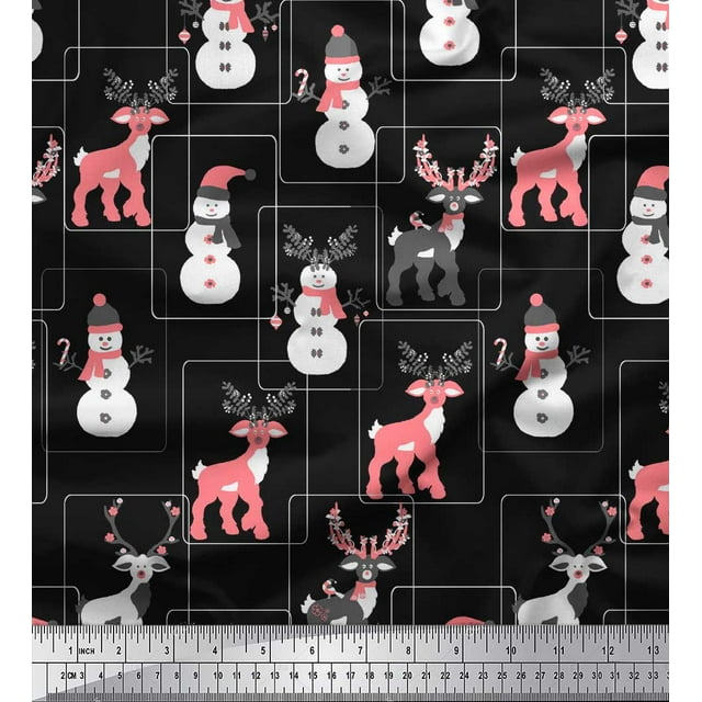 Soimoi Black Poly Georgette Fabric Baubles,Reindeer & Snowman Cartoon Decor Fabric Printed Yard 42 Inch Wide